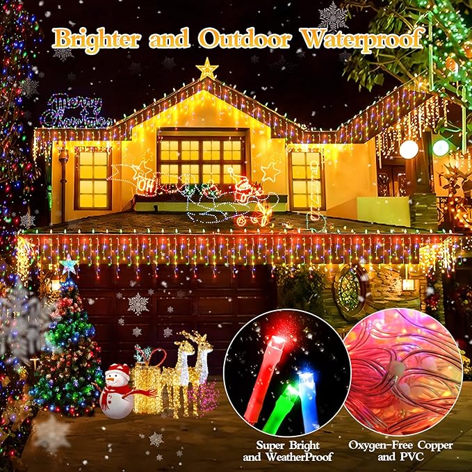 480 LED 49FT Christmas Lights Plug in 8 Modes with Timer Dimmable Christmas Decorations Outdoor Waterproof Indoor Curtain String Lights for Roof Porch Garden Holiday Wedding Party Decor Multi Colored