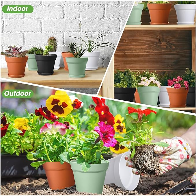 Mumufy 54 Pack 4 Inch Plant Pots Bulk Small Planter with Drainage Hole and Saucer Small Plastic Pots for Flowers Succulent Cactus and All House Indoor(Classic)