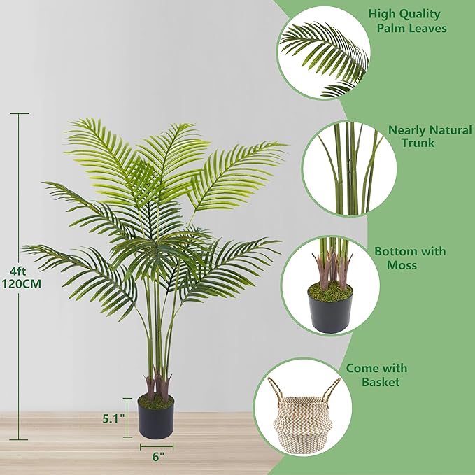 Artificial Palm Tree, 4ft Fake Areca Palm Plant with Basket, Tropical Faux Dypsis Lutescens Plants for Indoor Outdoor Home Office Shop Garden Décor