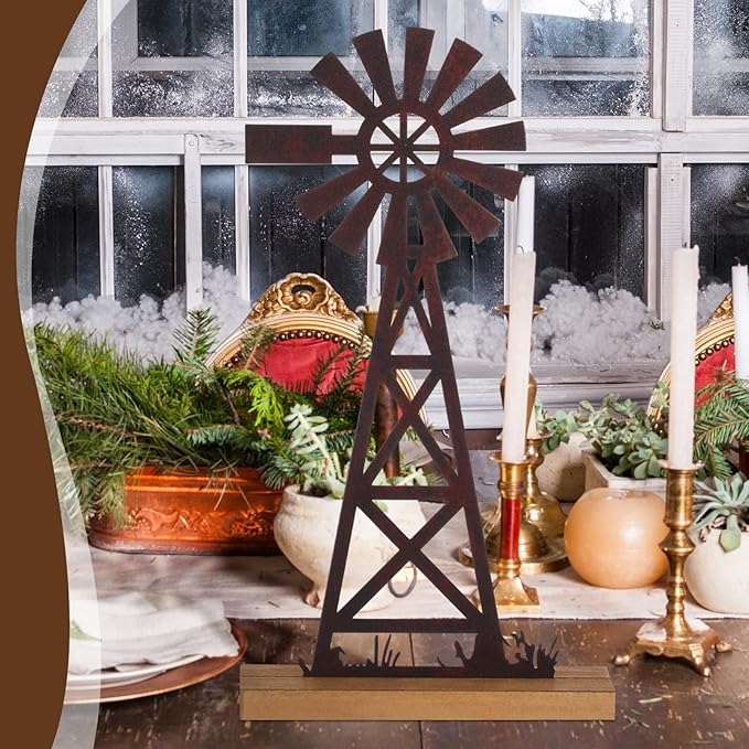 Tandefio Farmhouse Windmill Table Top Decor 11.8 Inch Metal Rusted Vintage Desk and Shelf, Decorative Farmhouse Kitchen Rustic Windmill Decor Rustic Home Decorations