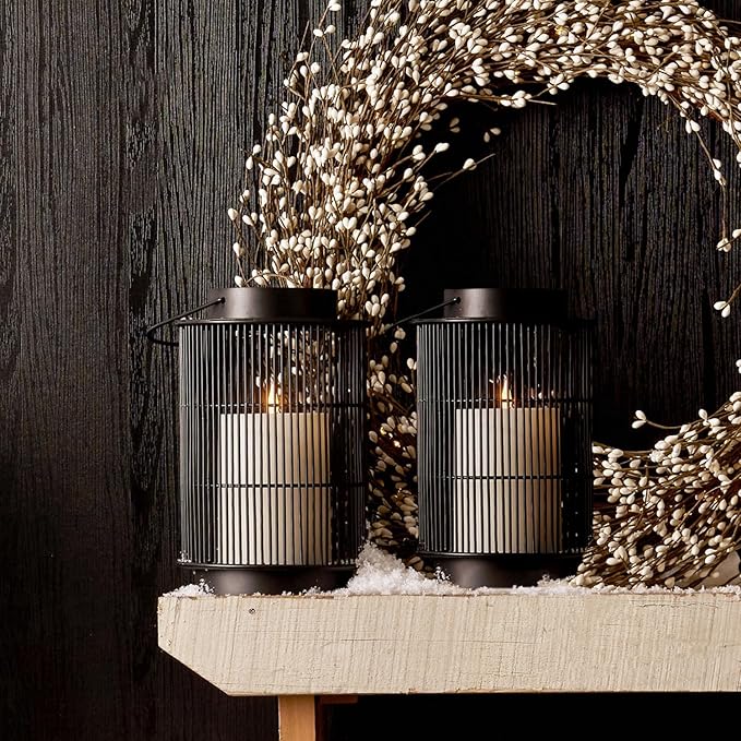 LampLust Outdoor Lantern Decorative Outdoor Patio Decor, Set of 2, 8 Inch Candle Lanterns, Black Metal, Outdoor Lanterns for Patio Waterproof, Battery Included, Modern Farmhouse Front Porch Décor