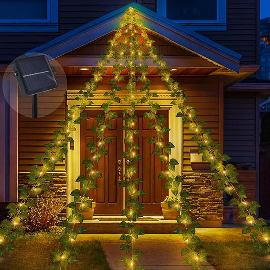 13.5FT*5 Branches Fake Vines with Fairy Lights, Solar Powered Ivy String Lights, 8 Modes Fake Plant Light, Waterproof Triangular Leaf Light for Eaves, Tree, Patio, Garden, Yard, Wedding Decoration