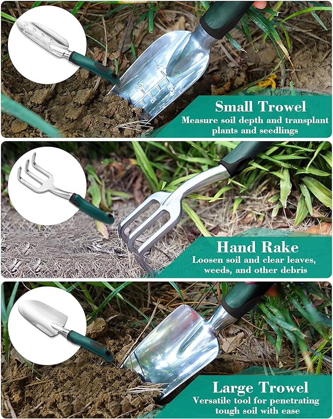 FiveJoy Garden Tool Set, 11 Piece Aluminum Alloy Hand Tool Starter Kit with Garden Bag, Outdoor Tool, Heavy Duty Gardening Work Set with Ergonomic Handle, Gardening Tools