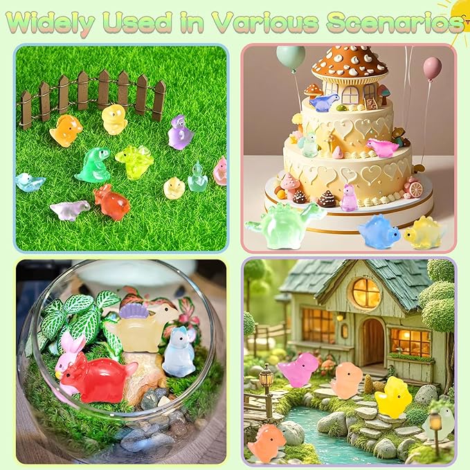 100PCS Luminous Mini Resin Dinosaur Glow in The Dark, 28 Styles Tiny Animals for Hide Garden Micro Landscape Dollhouse Decor Craft