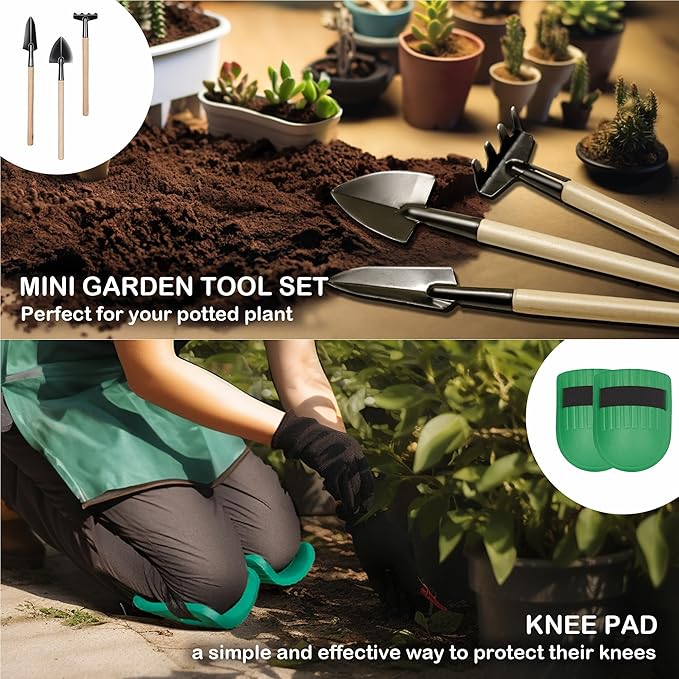 Gardening Hand Tool Kit 14PCS Heavy Duty Stainless Steel Garden Tool Set with Floral Garden Tote -Outdoor Gardening Transplanting Gifts for Woman