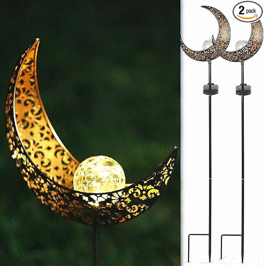 SunKite 2 Pack Garden Solar Light Outdoor Metal Moon Shape Lamp with Waterproof Crackle Glass Globe for Garden,Lawn,Patio,Pathway or Courtyard