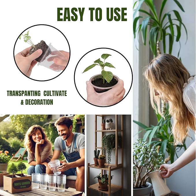 Roots Garden Eco-Friendly 30 Pack Clear Pots with Drainage-5/4/3.5 Inch-Durable and Reusable Pots for Indoor and Outdoor Plants-Plastic Planter Pots-20 Stickers and10 Plant Labels.