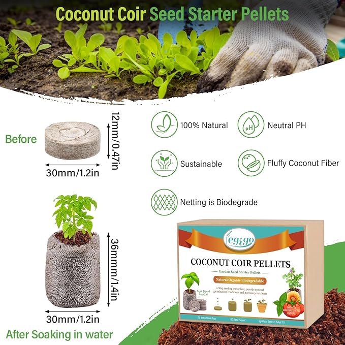 Legigo 50 PCS Coco Coir Pellets Seed Starter, 30mm Coconut Coir Seed Starter Pods for Seedlings, Compressed Seed Plant Starter Soil Pods Plugs for Starting Seed Planting Herbs Flowers Vegetables