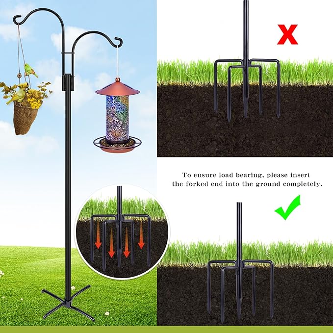 XDW-GIFTS Double Shepherds Hooks for Outdoor, 2-Pack Heavy Duty Garden Pole for Hanging Bird Feeder, Plant Baskets, Solar Light Lanterns, Garden Plant Hanger Stands with 5 Base Prongs