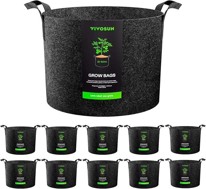 VIVOSUN 10-Pack 25 Gallon Grow Bags, Reinforced Planter Fabric Pots for Gardening Black