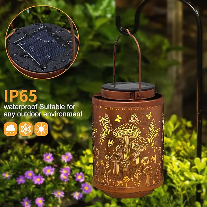 2 Pack Solar Lanterns Outdoor Waterproof Butterfly Garden Decor Gifts for Women Mon Grandma Metal Hanging Solar Lights Decoration for Outside LED Lanterns for Yard Patio Lawn(Mushroom)