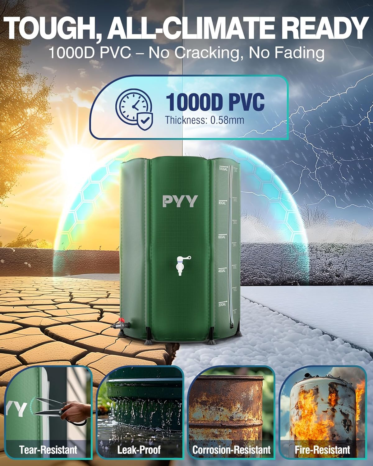 PYY Rain Water Collection Barrel - 100 Gallon Green Water Storage Tank with Spigots, Hose and Portable Bucket, Large Plastic Collapsible Rain Catcher Catchment System to Collect Rainwater from Gutter