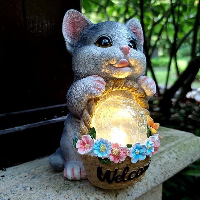 Solar Cat Garden Outdoor Statues,Resin Cat Figurine Carrying Flower Basket and Magic Orb with Solar LED Lights, Lawn Decor Outdoor Statue for Patio, Balcony, Yard Ornament,Gifts for Mom