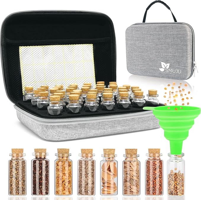 【40 Slots】 Seed Storage Organizer, Sturdy Seed Organizer Storage Box with Dual Zipper Bag and 42Pcs Label Stickers, Glass Seed Storage Container for Flower Vegetable Plants Garden Seeds Saving