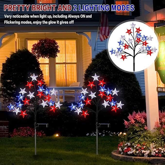 Solar 4th of July Stake Lights, Red White and Blue Lights Outdoor Decorations, Led Patriotic Lights Battery Operated for Memorial Day, July 4th, Veterans Day Outside Decor (2 Individual Pack)