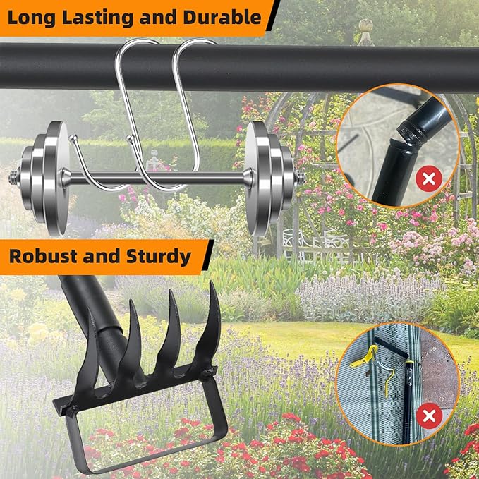 62.6Inch Action Stirrup Hoe Garden Tool Weed Puller with Adjustable Long Handle, Heavy Duty Hula Hoe and 4 Tines Rake 2 in 1 Gardening Tools Garden Cultivator for Weeding Soil Loosening, Black