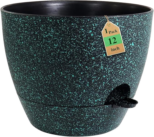 12 inch Large Self Watering Pots, Planter, Plant Pots with Mesh Drainage Holes for Indoor Outdoor House Plants and Garden, Plastic Flower Pots with Reservoir, Black with Green Speckles
