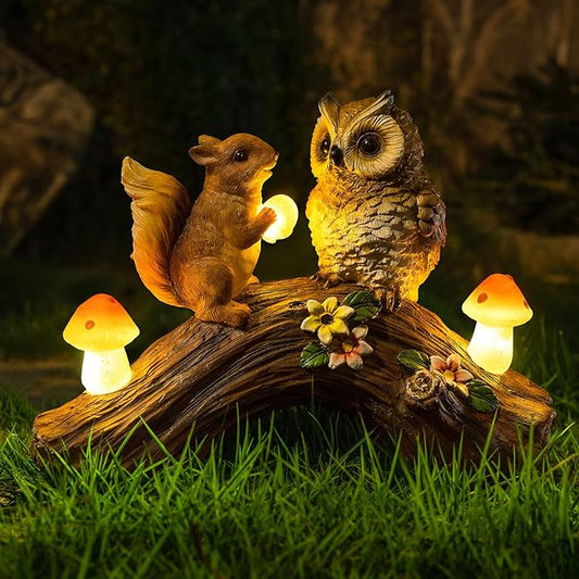 Solar Owl Garden Statues Outdoor Decor Resin Owl Squirrel Figurine with Mushroom Lights for Patio Lawn Yard Decorations Christmas Housewarming Gardening Gifts for Women Mom