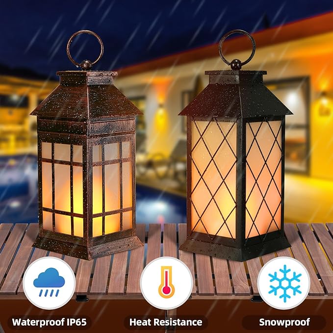 18" Solar Lanterns Outdoor Waterproof, Glass Solar Flickering Flame Lantern Large Hanging Solar Lantern Metal Decorative for Patio Garden Backyard Outside Tabletop (Vintage Black)