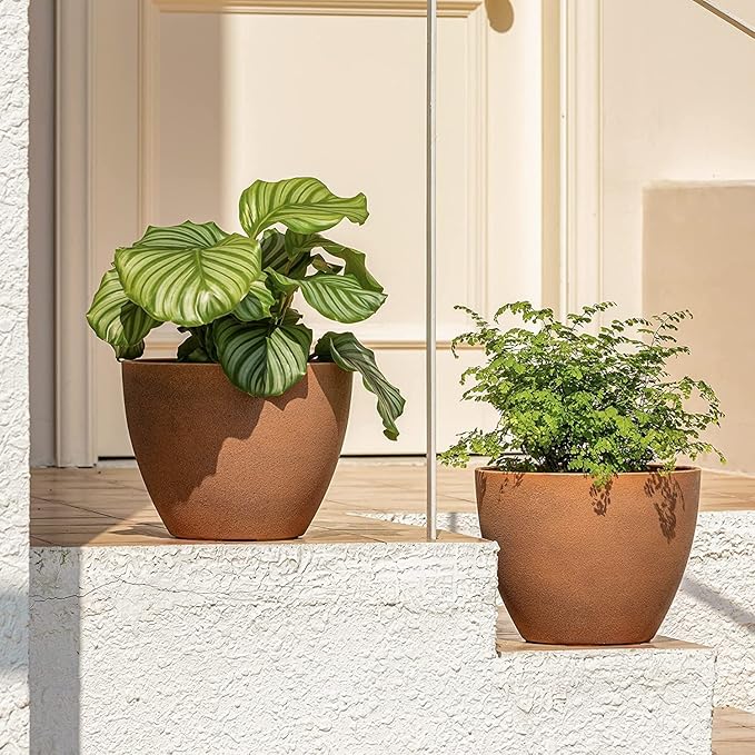 LA JOLIE MUSE Flower Pots Outdoor Garden Planters, Indoor Plant Pots with Drainage Holes, Plastic, Terracotta, Set 2 (11.3 + 11.3 Inch)