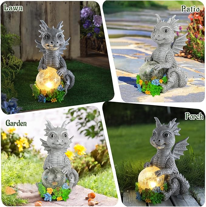 Solar Garden Outdoor Statues Dragon Holding Magic Orb with Solar LED Lights - Lawn Decor Outdoor Statue for Patio, Balcony, Yard Ornament,Unique Gifts for Mom Grandma