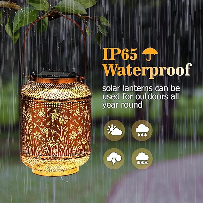 Solar Lanterns Outdoor Waterproof, Bee Garden Decor Hanging Lights, Metal Solar Lantern for Yard, Patio, Lawn, Pathway, Birthday & Gardening Gifts for Women, Mom, Grandma