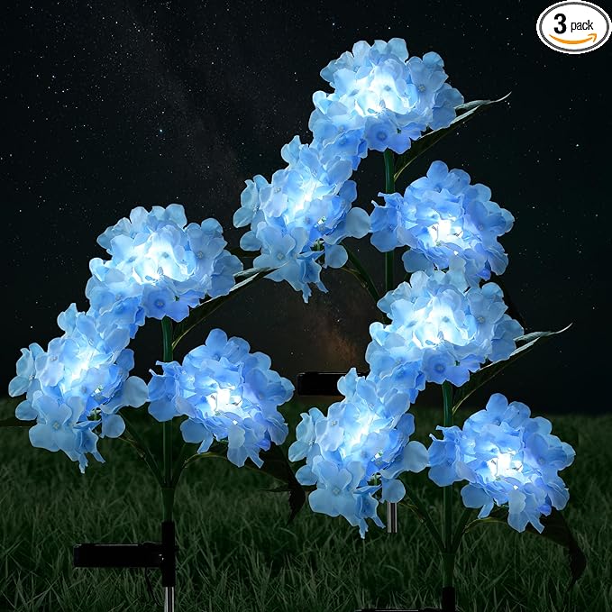 RAYLIDA Solar Lights Outdoor Decorative - 3 Pack Hydrangea Solar Garden Stake Lights Waterproof,Two Lightning Modes & Enlarged Solar Panel (Blue)