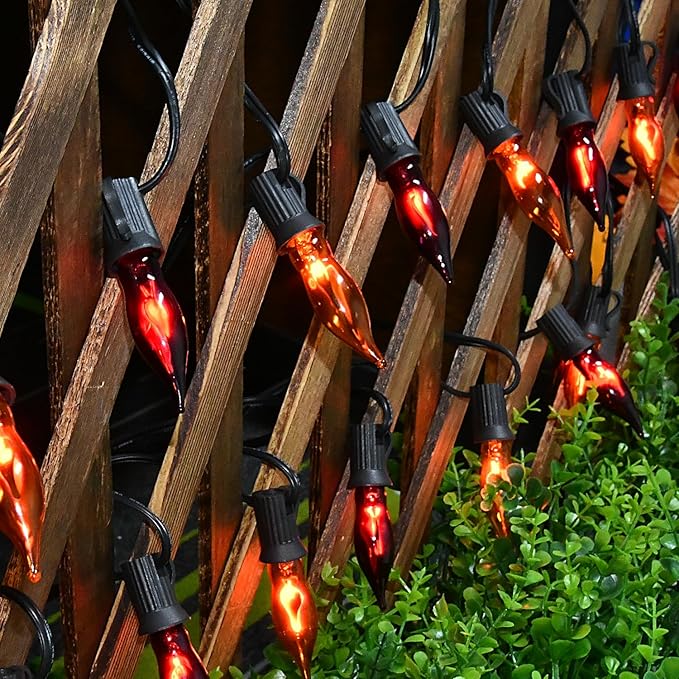 27.78 FT Halloween Ligths, C7 Clear Orange and Purple Flickering Flame String Lights Outdoor, E12 Screw Base, Flame String Lights for Halloween Indoor Outdoor Roofline Garden Patio Party Decorations