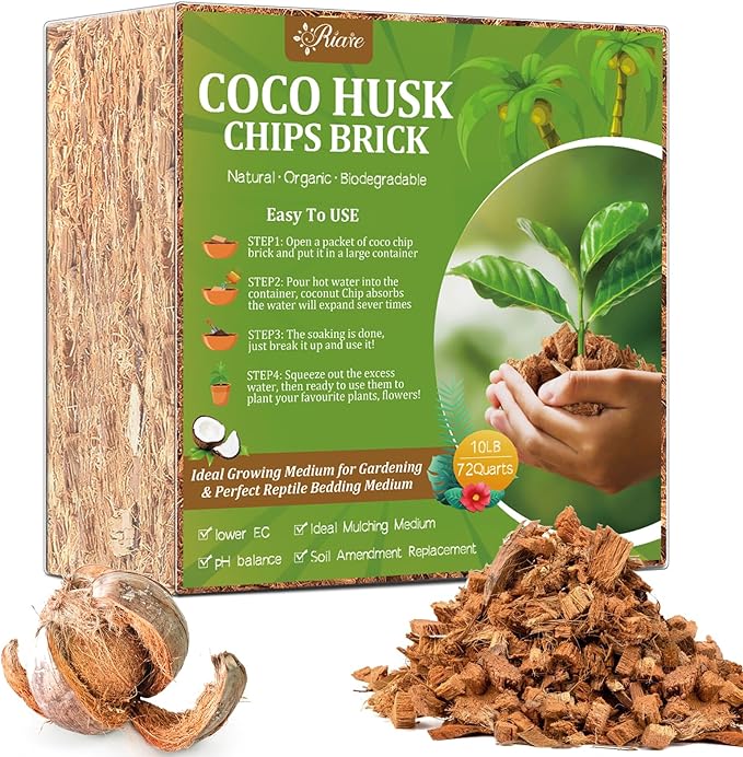Riare 10LBS Coco Chips Substrate for Plants- 100% Organic Coconut Husk Chips with Low EC and pH Balanced, High Expansion Coconut Substrate Coco Husk Mulch for Garden Flowers, Herbs, Planting