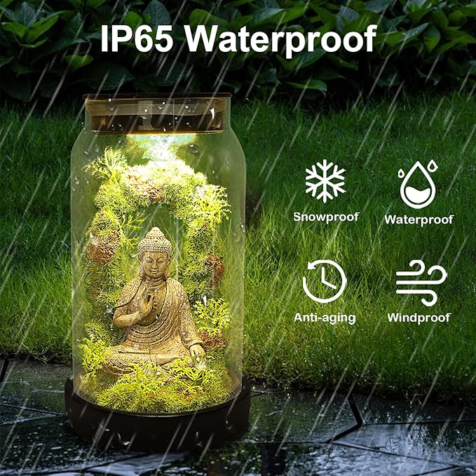 Solar Garden Buddha Statue for Home Decor - 9.8'' Zen Solar Lights Sculptures Decor with 15 LED, Sitting Meditating Buddha Serene Moss Figurine in Jar for Patio Lawn Yard Good Luck Housewarming Gifts