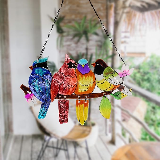 Stained Glass Window Hanging, Birds on A Branch Stain Glass Suncatcher, Hand-Painted Sun Catchers Indoor Window Decoration Bird Lover Gift for Mom, Grandma, Stocking Stuffers for Women