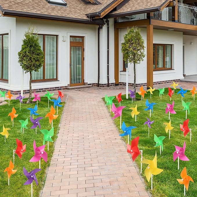 KIMOBER 100PCS Colourful Pinwheels,Mixed Colors Plastic Wind Spinners Toy for Kids,4 Vane Windmill for Home Garden Lawn Indoor Outside Decoration