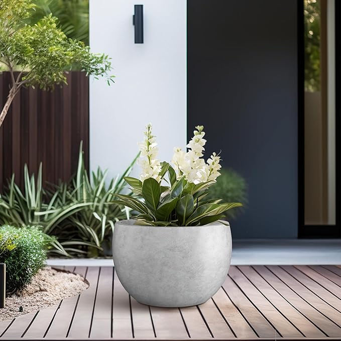 Kante 11.8" Dia Round Concrete Planter, Outdoor/Indoor Large Bowl Plant Pots with Drainage Hole and Rubber Plug for Garden Patio Balcony Home, Natural Concrete