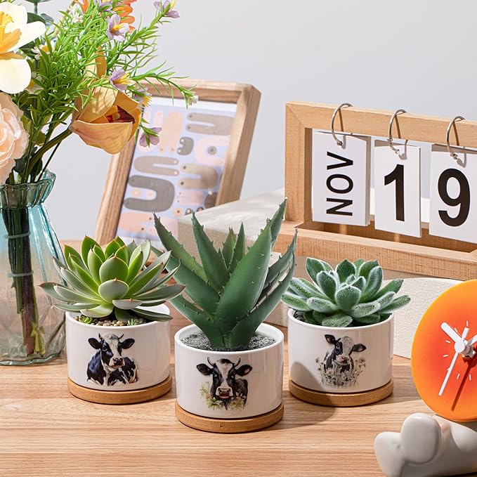 3 Pcs Cow Decor Gift for Christmas Women Planter Ceramic Gift Animal Plant Pot with Bamboo Tray for Office Home Farm House Bathroom Kitchen Decorations (No Plants Included)