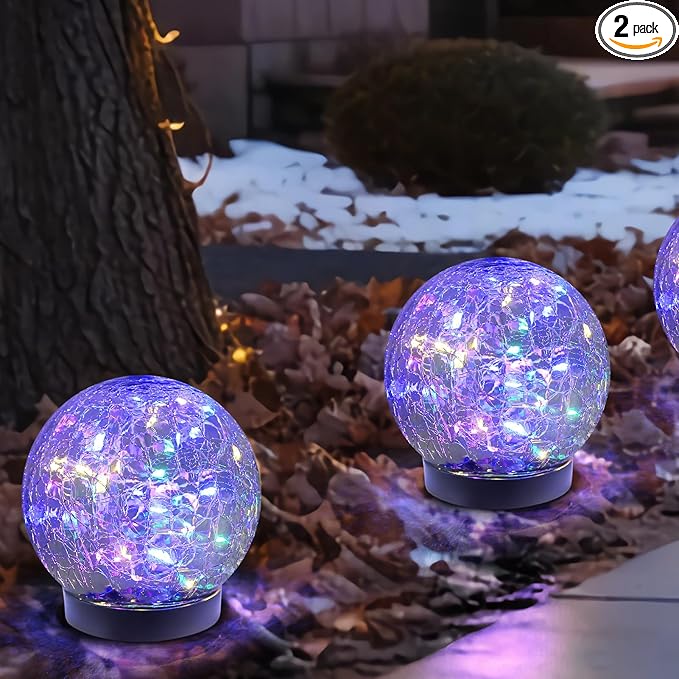 Solar Globe Lights Outdoor Waterproof-Solar Balls-Solar Garden Lights-Solar Orbs for Outside 2 Pack Cracked Glass Ball for Lawn Patio Yard Backyard Decorations, DS-XBQ-1-1-1