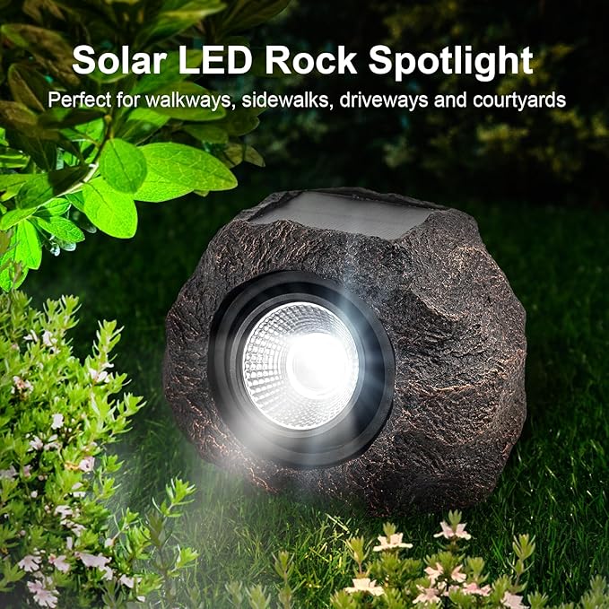 Solar Rock Lights, 2 Pack Outdoor Decorative Garden Spotlights for Pathway, Walkway, Yard, Landscape, Patio (Dark Brown)