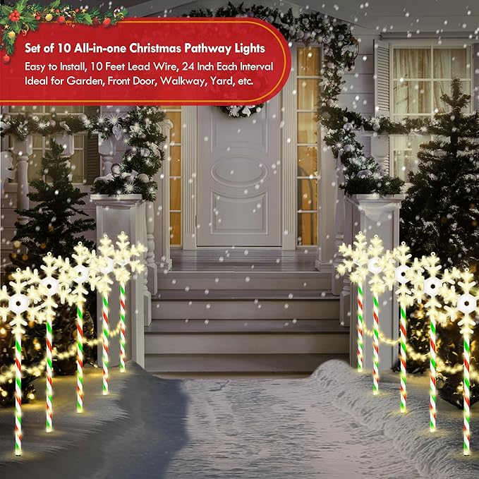 Christmas Pathway Lights Snowflake Outdoor 10PK 28inch 250LED 8 Modes Yard Decoration Flashing Waterproof Outdoor Lighted Up Christmas Light Decor for Garden Yard (R&G)