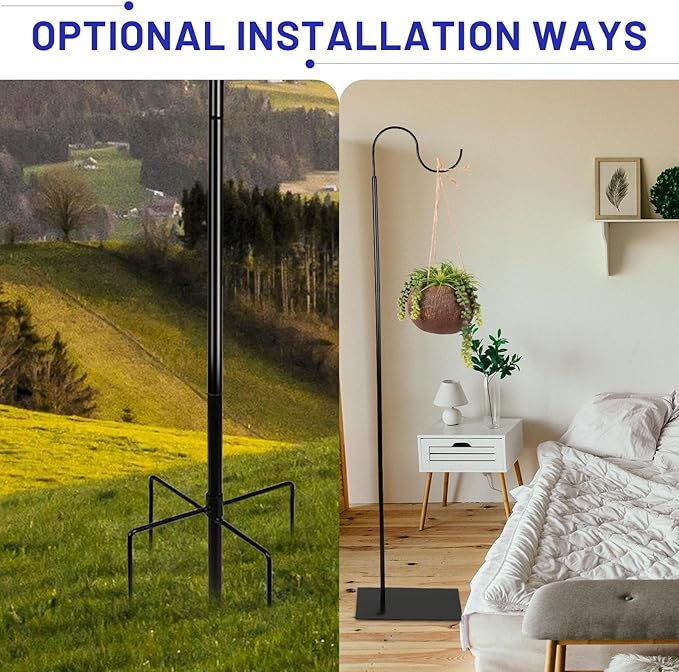 Liitrton 62.6 Inch Shepherds Hooks for Outdoor, Adjustbale Hummingbird Feeder Stand Bird Feeder Pole Wind Chime Stand with Flat Base, 4 Prongs Base and Water Weight Bag (2 Pack)