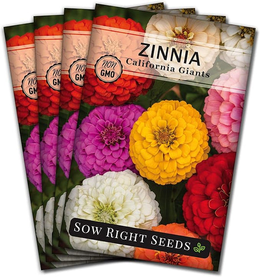 Sow Right Seeds - California Giants Mix Zinnia Seeds for Planting - Non-GMO Heirloom Packet to Grow Your Flower Garden - Attract Bees and Butterflies - Great to Cut and Come Again - Summer Annual (4)