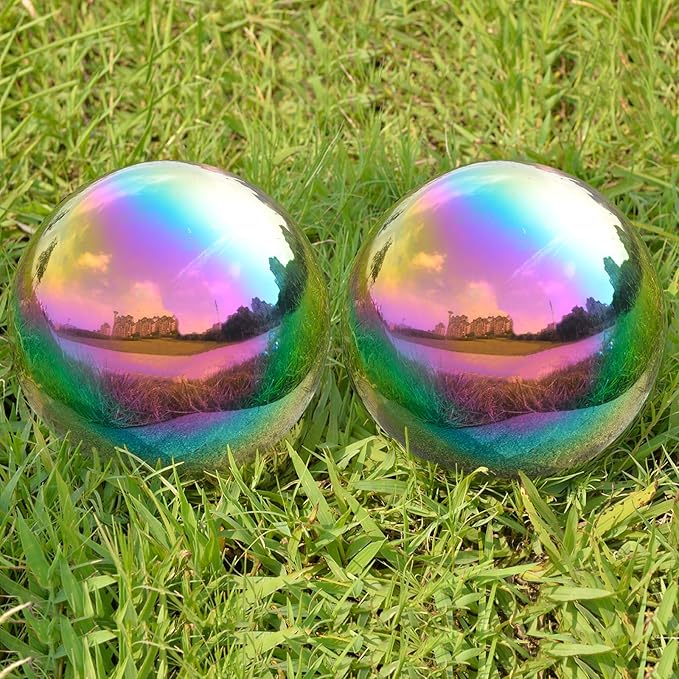 Nerien Gazing Ball, 3.9" Stainless Steel Garden Mirror Globe, Polished Ornament Sphere, Hollow Floating Reflective Hemisphere, Home Outdoor Pond Housewarming Swimming Pool Decoration, Rainbow, 2pcs