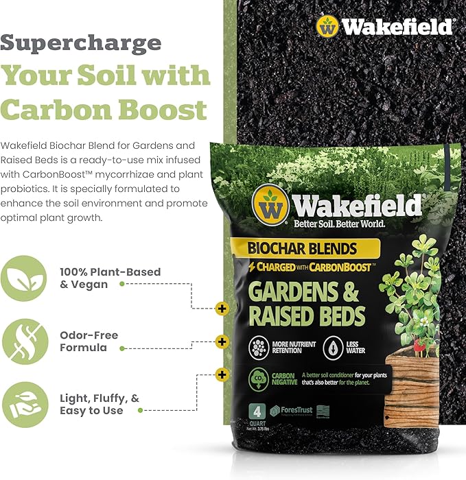 Wakefield Premium Biochar Blend with CarbonBoost & Advanced Probiotics - Ultimate Organic Potting Soil Mix for House Plants, Gardens and Raised Beds - Enhanced Water & Nutrient Retention - 4Quarts