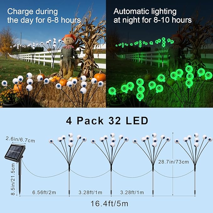 Solar Eyeball Lights Outdoor, 4 Pack 32 LED Halloween Eyeball Lights Outdoor Waterproof 8 Modes Scary Eyeballs Swaying Lights, Eyeballs Halloween Decor for Outside Yard Garden Party (Green)
