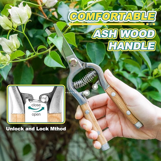 Berry&Bird Straight Pruning Shears with Stainless Steel Blades Garden Hand Pruner 8'' Scissors with Wooden Handle Clippers for Gardening Trimming Cutting Bonsai