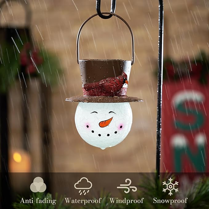 TERESA'S COLLECTIONS Outdoor Christmas Decorations for House, 36'' Snowman Glass Solar Lantern Stake with Brown Cardinal Hat, Xmas Grinch Solar Christmas Lights for Garden Party Decor