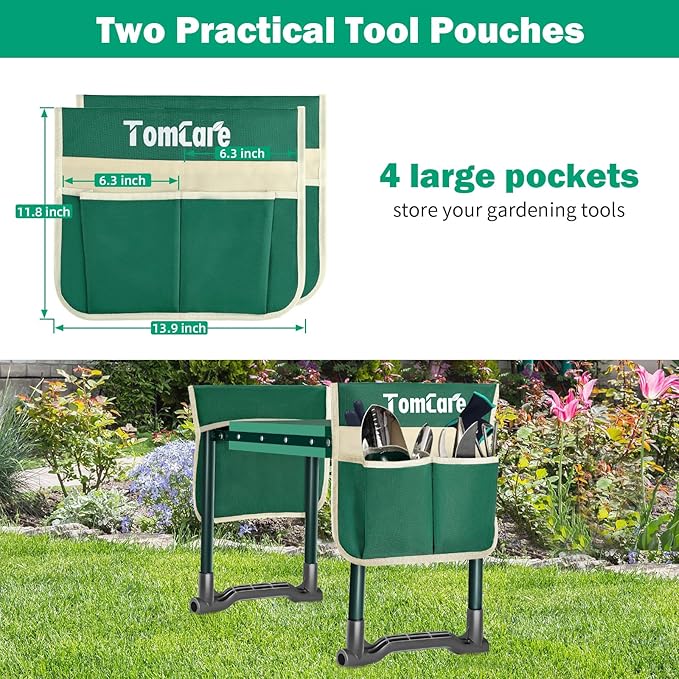 TomCare Garden Kneeler and Seat 10.24” Wide Kneeling Pad Garden Bench with 2 Tool Pouches Heavy Duty Stable Garden Stool Foldable Garden Tools Gardening Gifts for Women Men Seniors Gardeners, Green