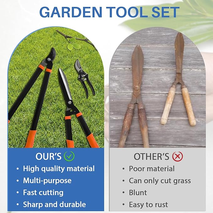 ECOOPTS 3PCS Garden Tool Set with Lopper, Hedge Shears and Bypass Pruner, Heavy Duty Tree & Shrub Care Kit, Tree Trimmer Gardening Tools for Indoor & Outdoor Gardening