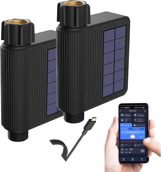 Smart Hose Timer WiFi & Bluetooth - Solar/USB Rechargeable Sprinkler Controller, Programmable Auto Water Timer with App for Lawn/Yard/Garden/Drip Irrigation, No Hub Required (2 Pieces)