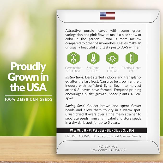 Survival Garden Seeds - Opal Basil Seed for Planting - Packet with Instructions to Plant and Grow Delicious & Unique Purple Basil Herb Plants in Your Home Vegetable Garden - Non-GMO Heirloom Variety