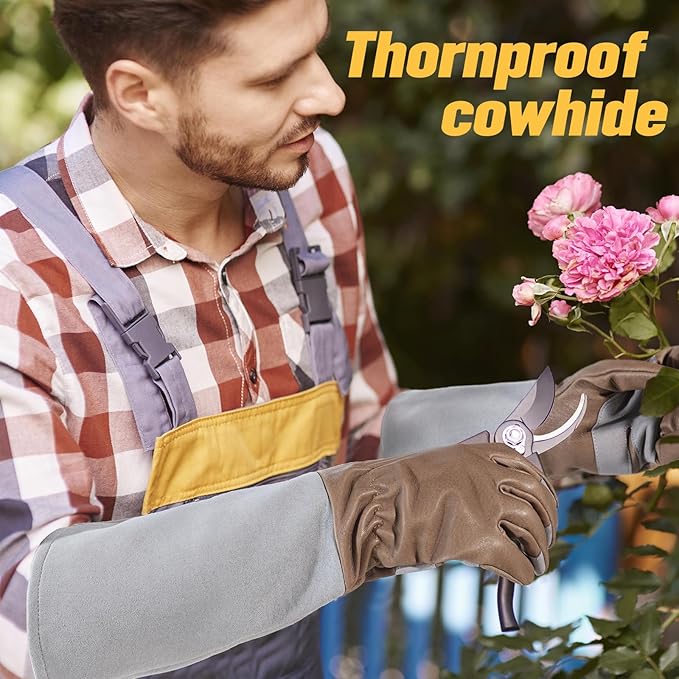 HANDLANDY Pruning Gloves Long for Men & Women, Pigskin Leather Rose Gardening Gloves- Breathable & Durability Gauntlet Gloves (Grey-brown, Small (Pack of 1))