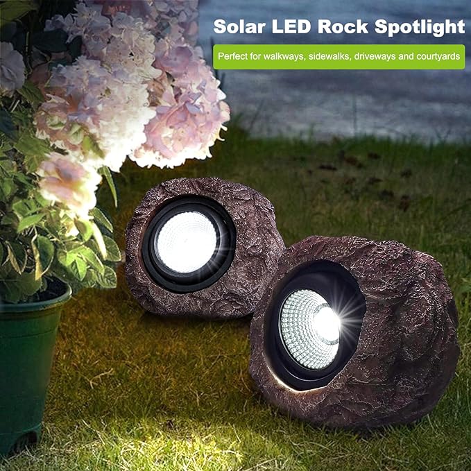 Outdoor Solar Rock Light, Waterproof LED Solar Spotlight, Garden Landscape Lights, Decorative Garden Rock Lights for Paths, Sidewalks, Patio and Landscaping - 2 Pack